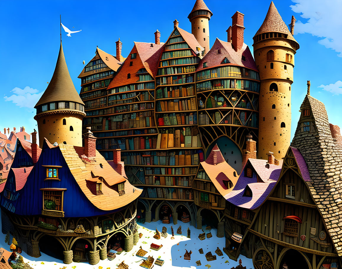 Colorful castle-like building with irregular shapes and towers against a clear blue sky with a bird.