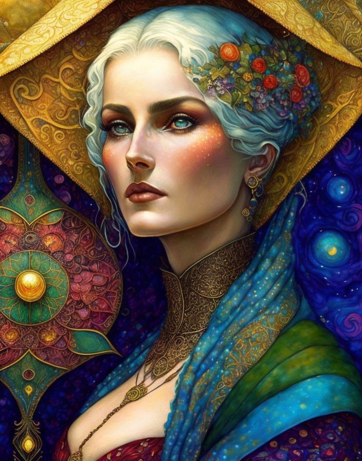 Blue-haired woman with golden headpiece in vibrant illustration