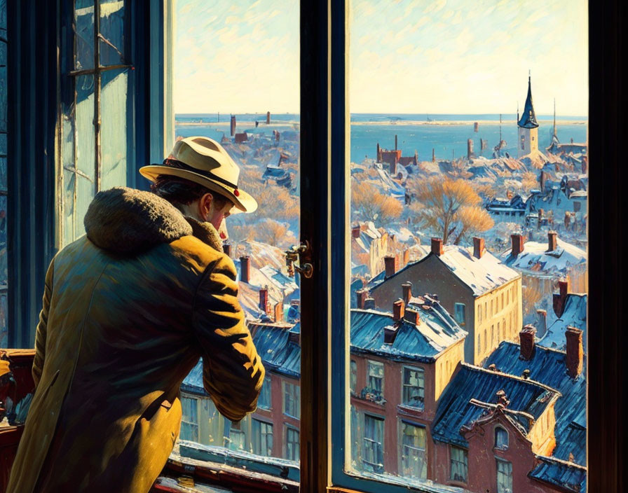 Person in hat and coat gazes at snowy cityscape from window sill