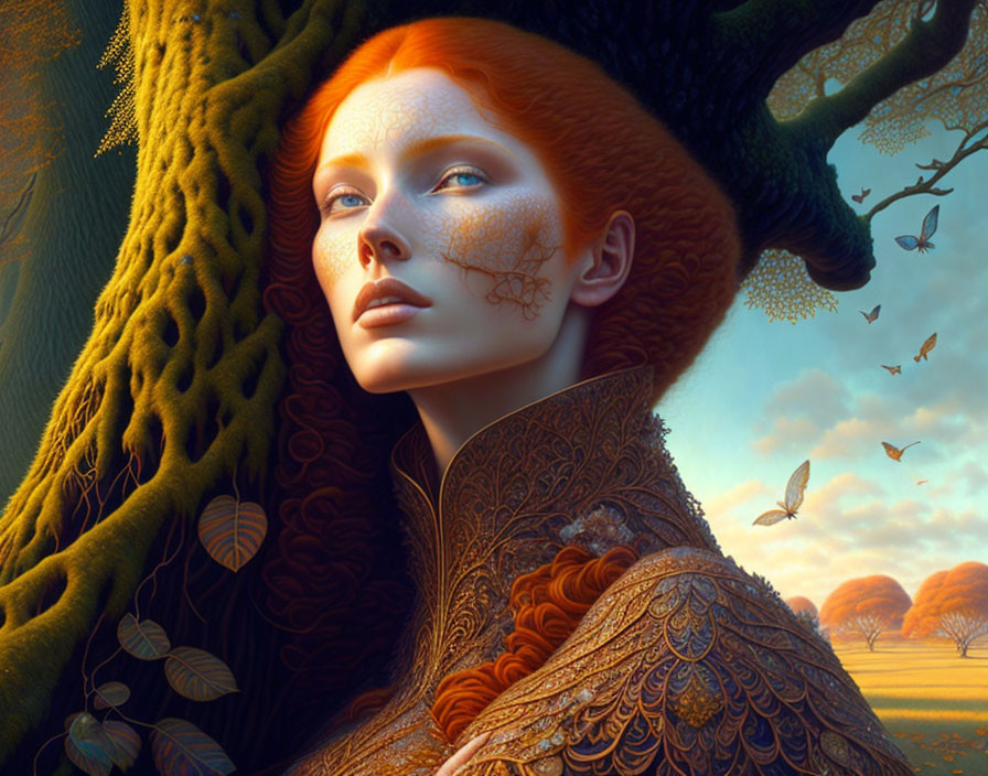 Fantasy portrait of woman with red hair and leaf-like patterns in autumnal landscape