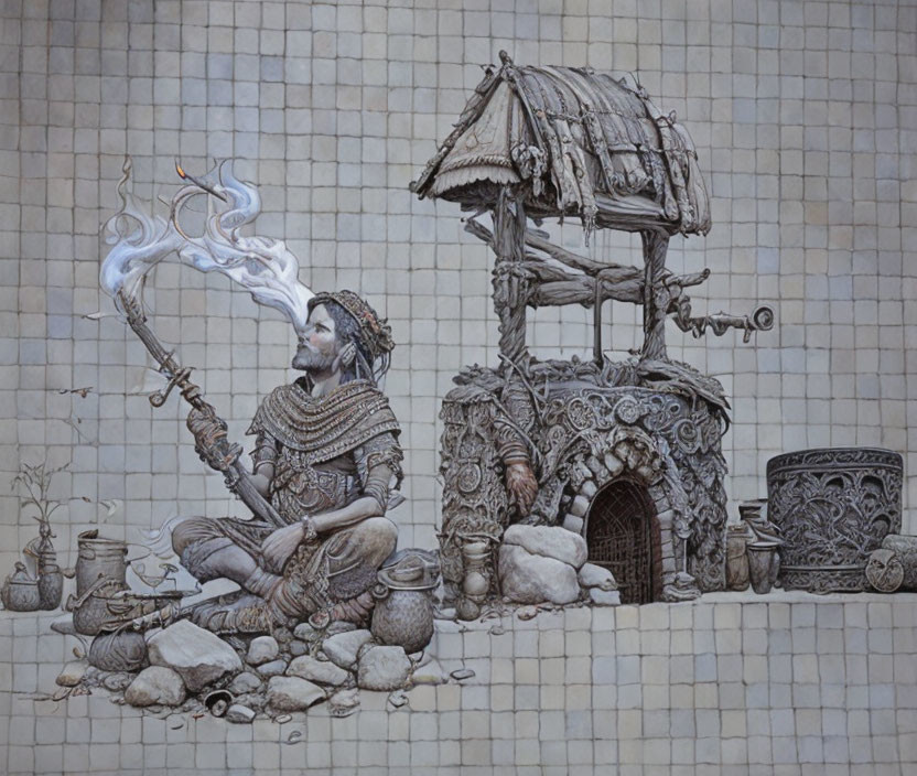 Medieval man blowing smoke by stone hearth near whimsical thatched hut.