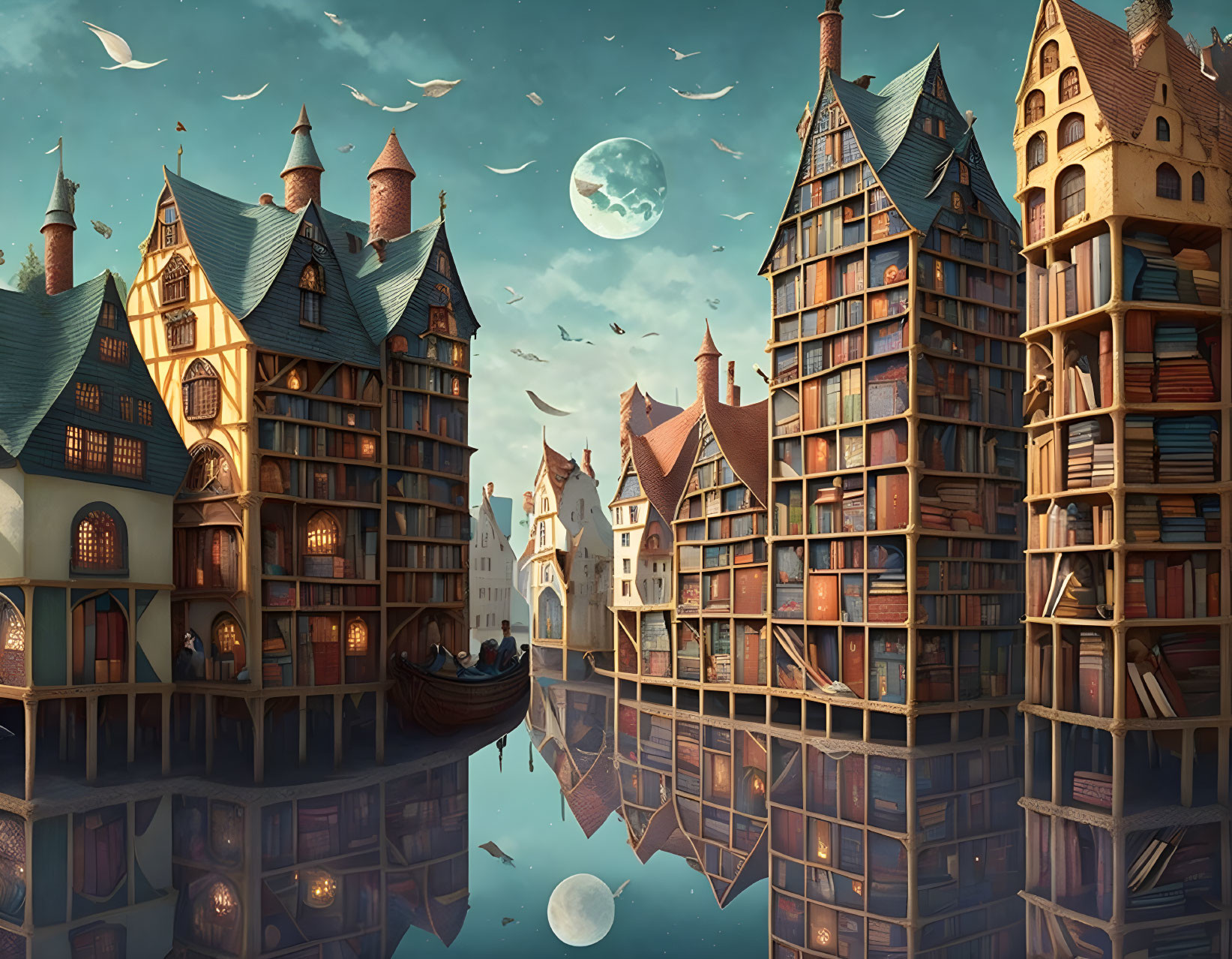 European-style fantasy cityscape with gondola, birds, and large moon reflected in water