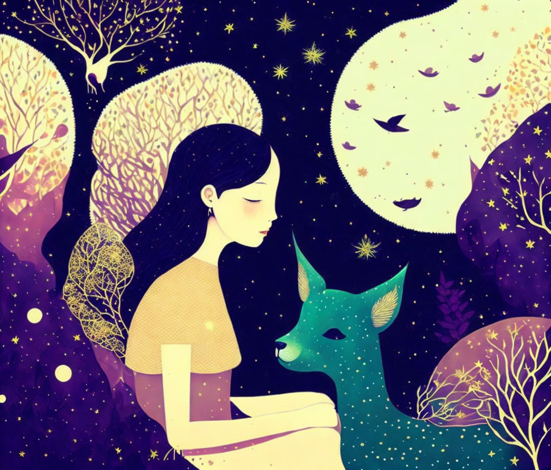 Illustration of woman embracing fawn in magical forest