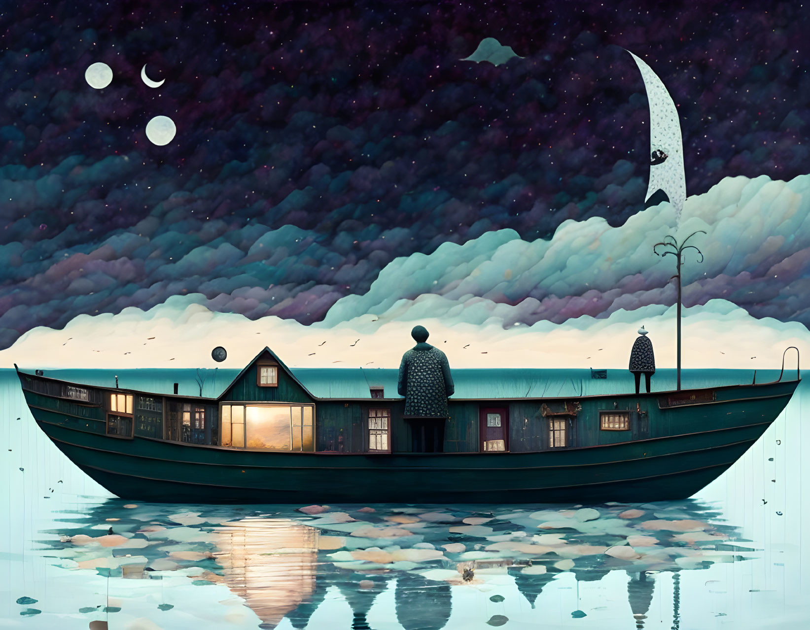 Surreal scene: Two people on boat-house under starry sky