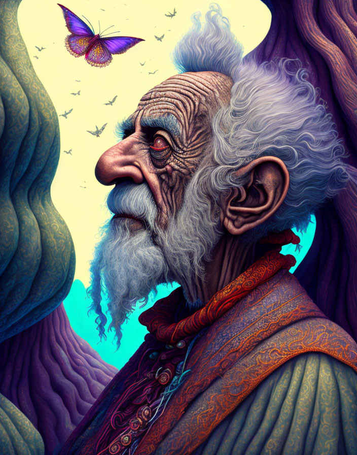 Elderly man with long white beard in ornate clothing gazes upward, purple butterfly nearby