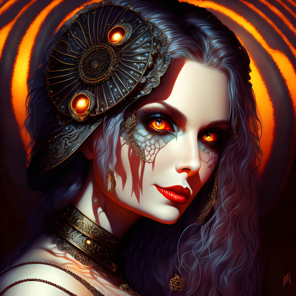 Digital artwork of woman with red eyes, blue hair, ornate headgear, and lace details