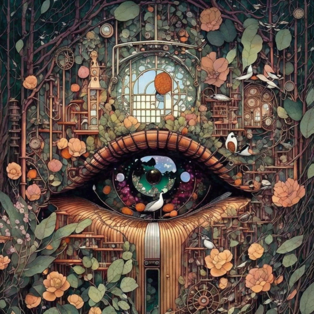 Detailed surreal eye illustration with floral, bookshelf, and miniature universe elements