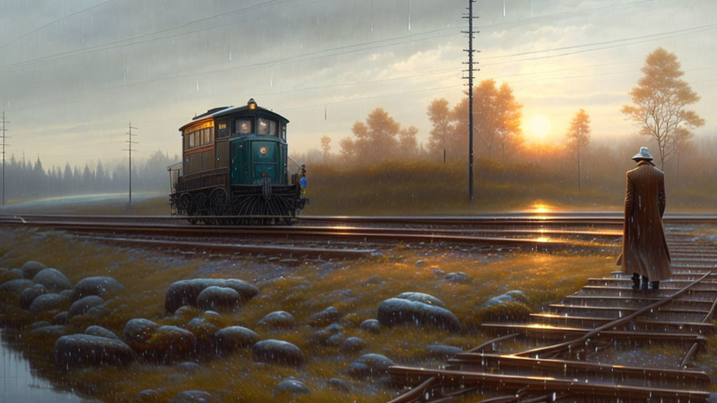 Solitary figure in coat and hat by railway watching old-fashioned railcar at sunrise or sunset