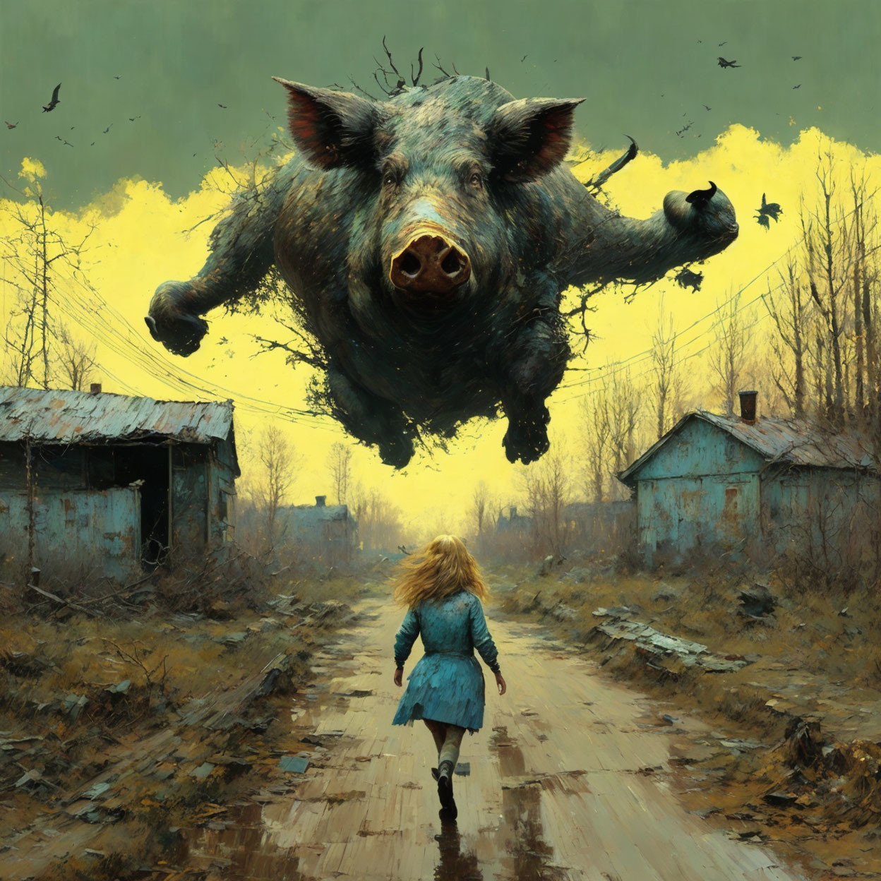 Young girl running towards giant flying boar in desolate setting