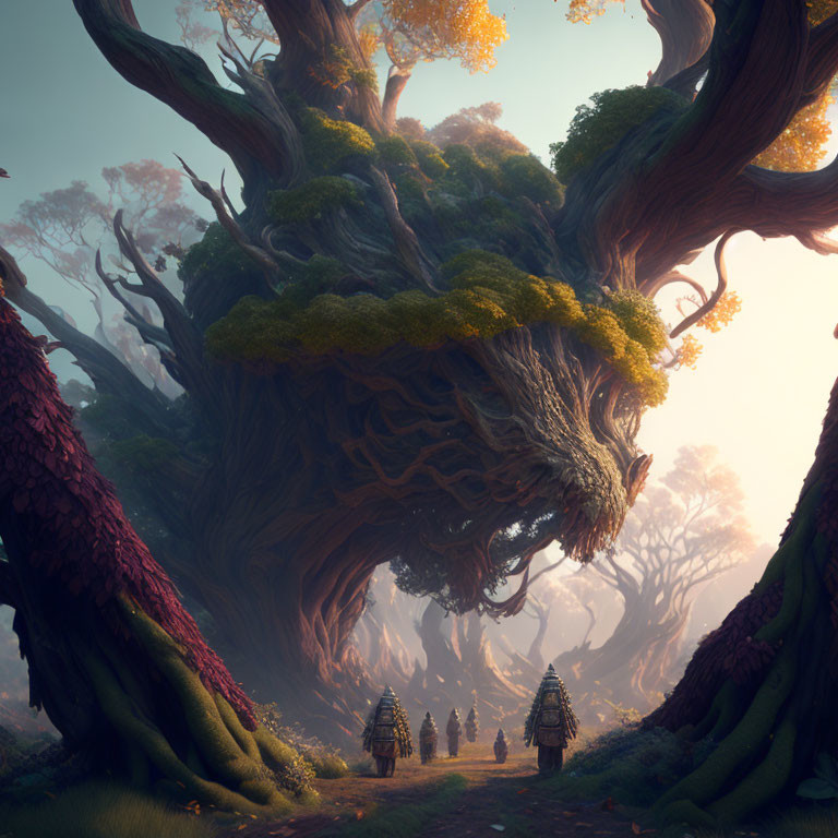 Enormous wise face tree in misty forest with small huts