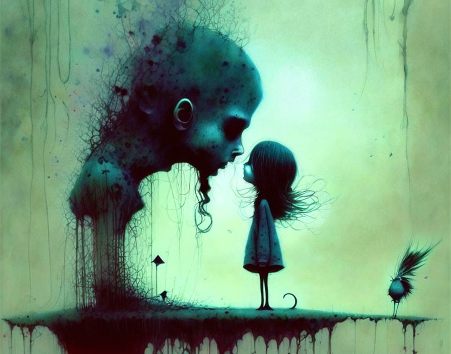 Surreal encounter between small girl and shadowy figure in blue and green ink splatter