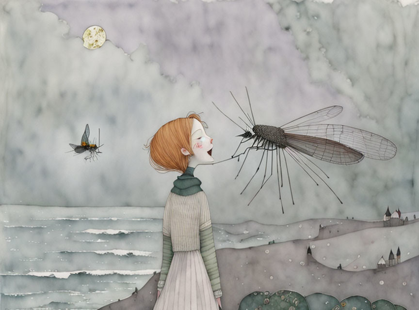 Red-haired girl confronts giant mosquito in cloudy sky village scene