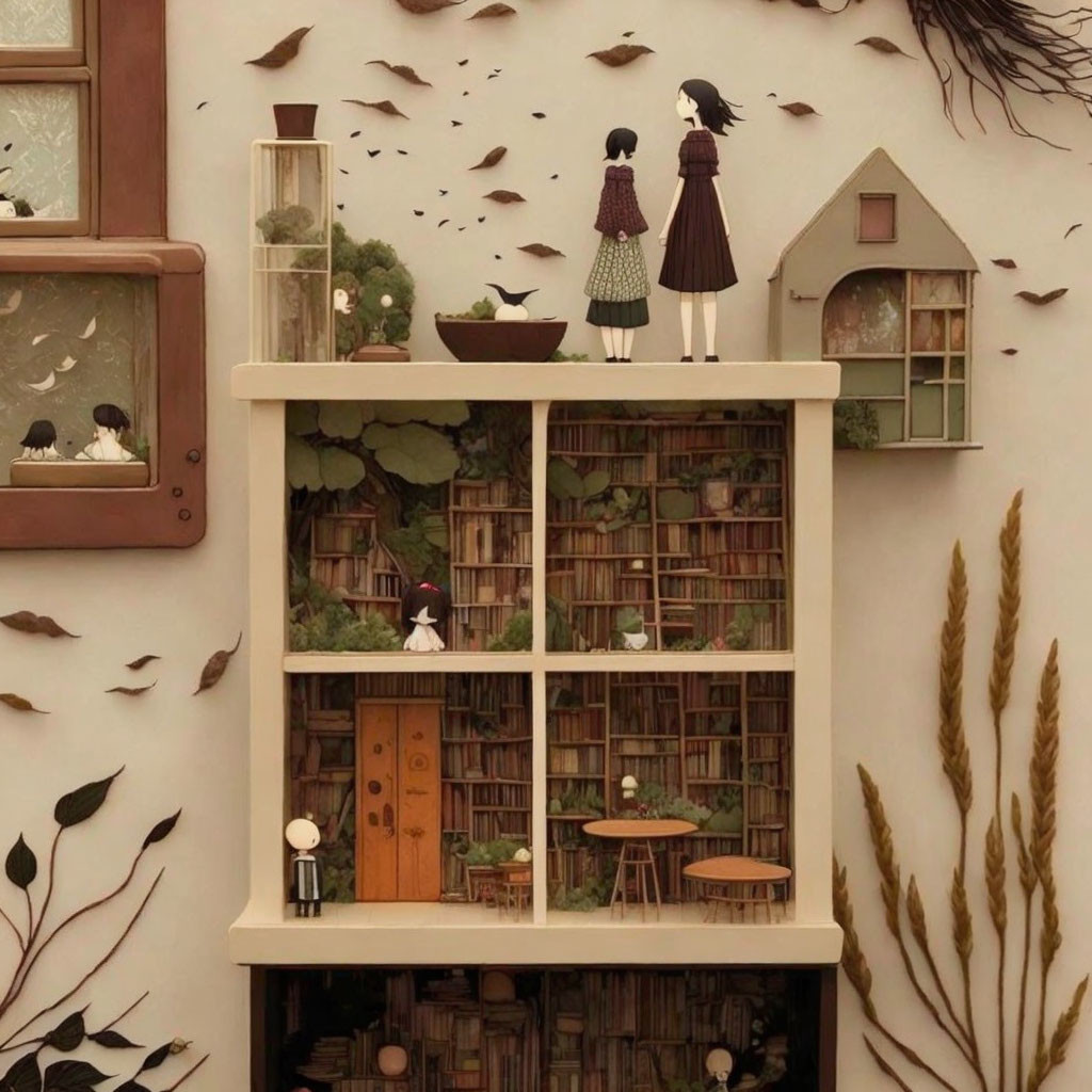 Miniature multi-level library inside a bookshelf with tiny human figures and flying paper birds