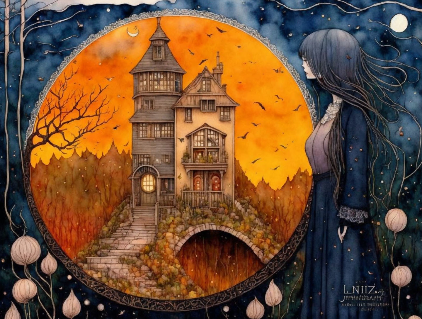 Long-haired woman gazes at whimsical house in circular frame amid autumn trees and starlit sky