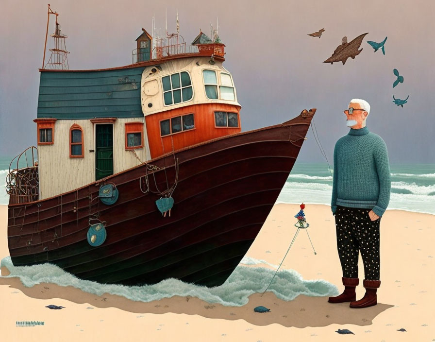 Man in sweater by beached houseboat with flying fish and seagull on surreal sandy shore