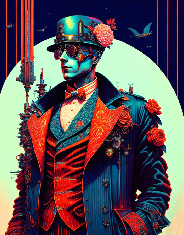 Colorful Steampunk Artwork: Gentleman in Top Hat and Floral Suit