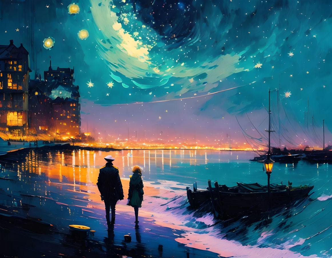 Vibrant artwork: Two figures by seaside under starry night sky