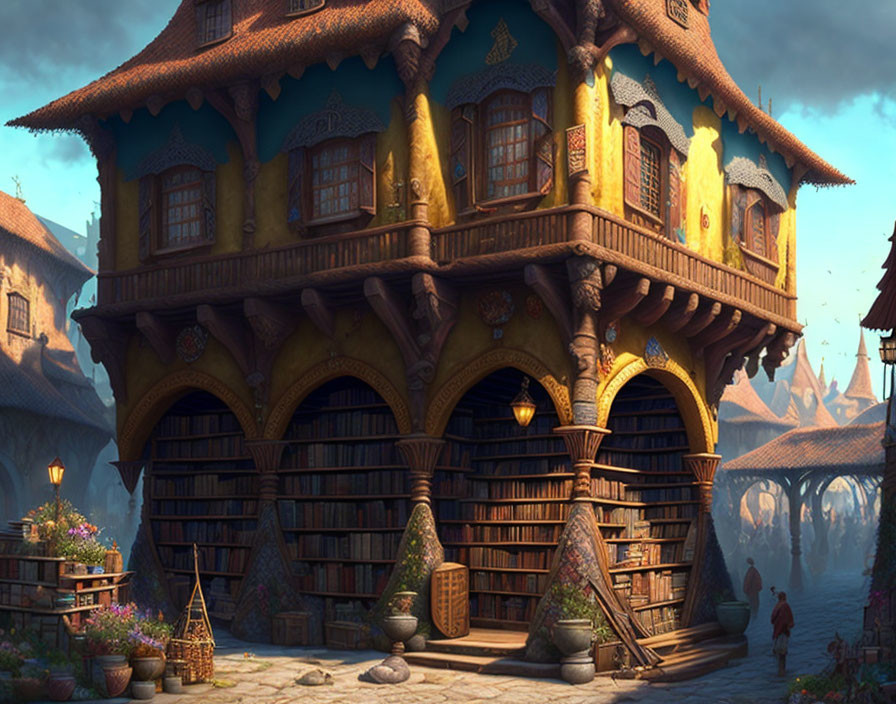 Fantasy-style house with bookstore in vibrant village street