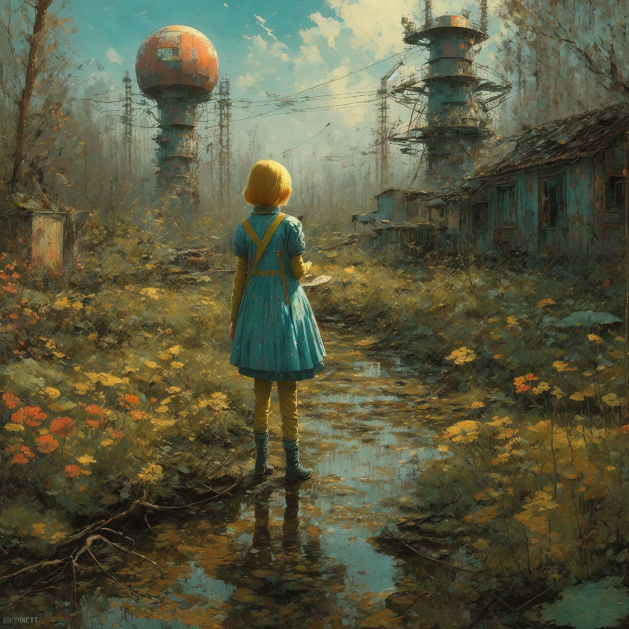 Girl in Blue Dress Stands by Rusting Spheres in Overgrown Setting