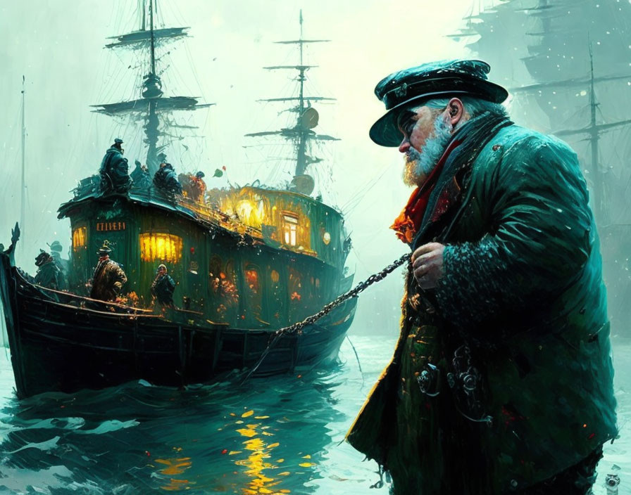 Bearded seaman in green coat at misty harbor with ships.