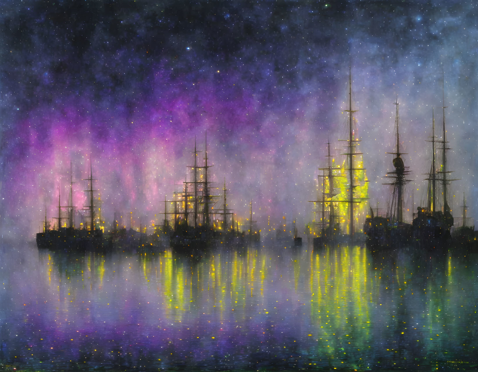 Nighttime painting of tall ships under starry sky with purple and yellow aurora reflections