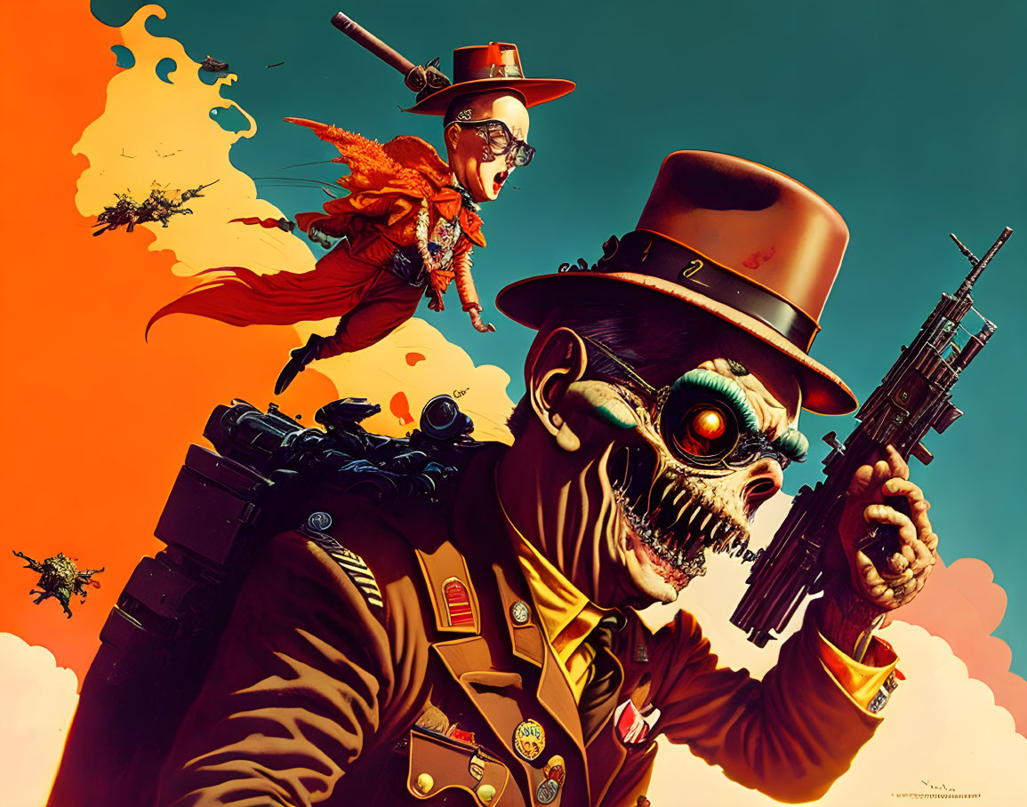 Detailed depiction of skeletal soldier with gun and flying character in orange sky