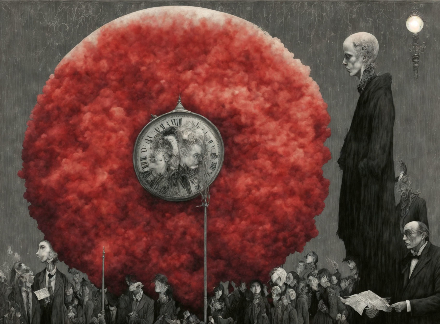 Surreal painting with black figures, large clock, and person with red cloud head