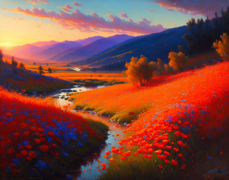 Colorful landscape painting: river, red poppies, sunset sky, mountains