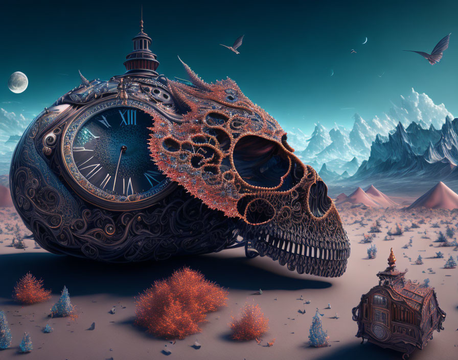 Surreal landscape with skull-shaped clock, tiny house, birds, mountains, and moon.