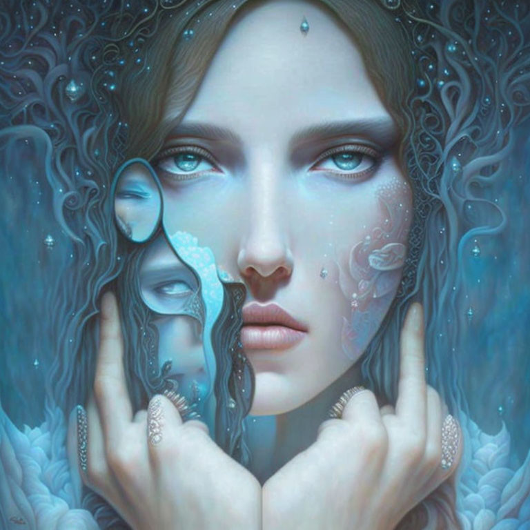 Surreal portrait of woman with blue skin and teardrop details