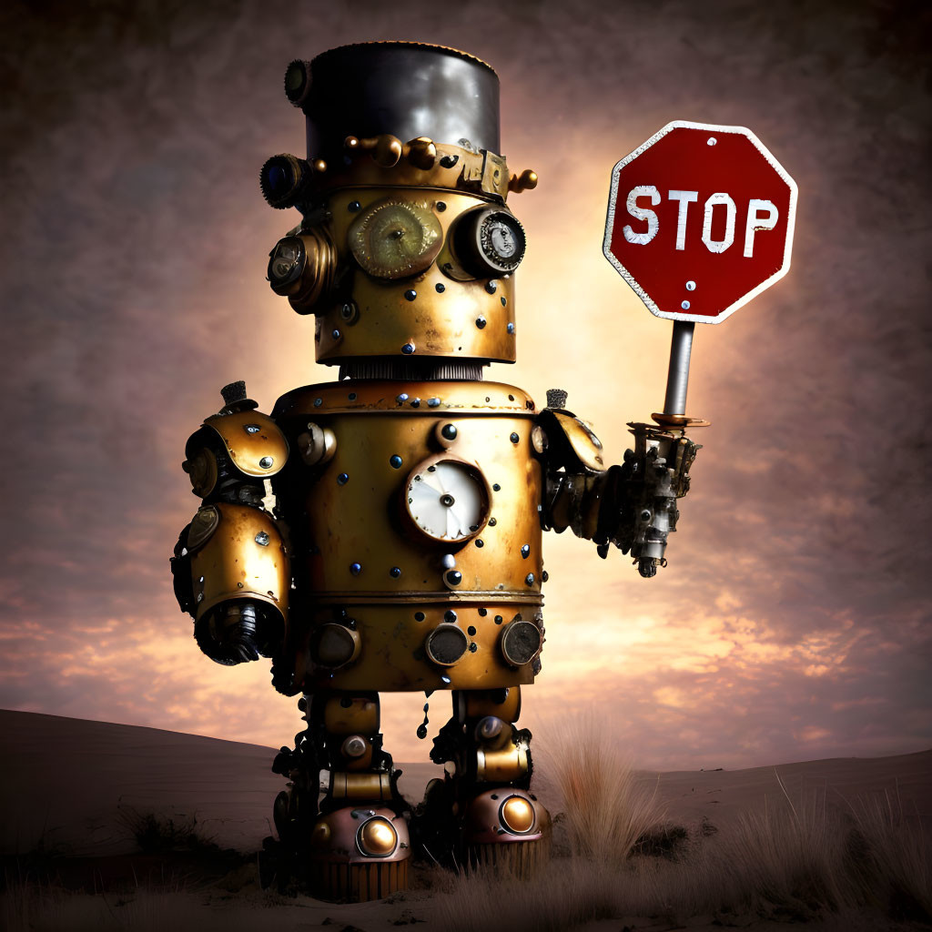 Steampunk Robot with Clocks and Gears in Desert Dusk