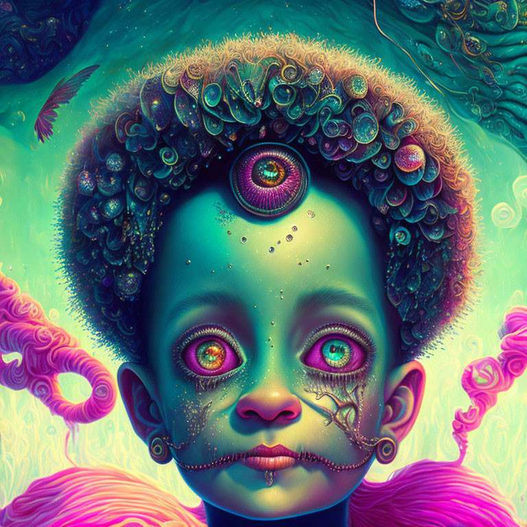 Colorful surreal portrait of child with multiple eyes and ornate patterns