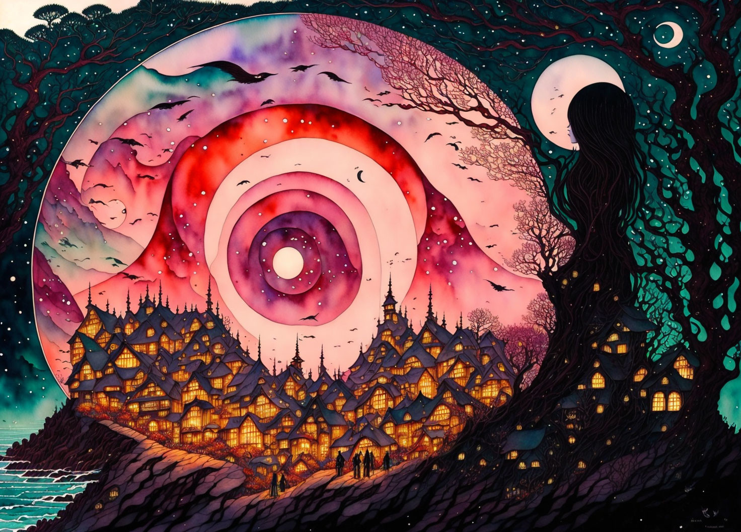 Surreal illustration of cosmic sky, village, figures, and tree.