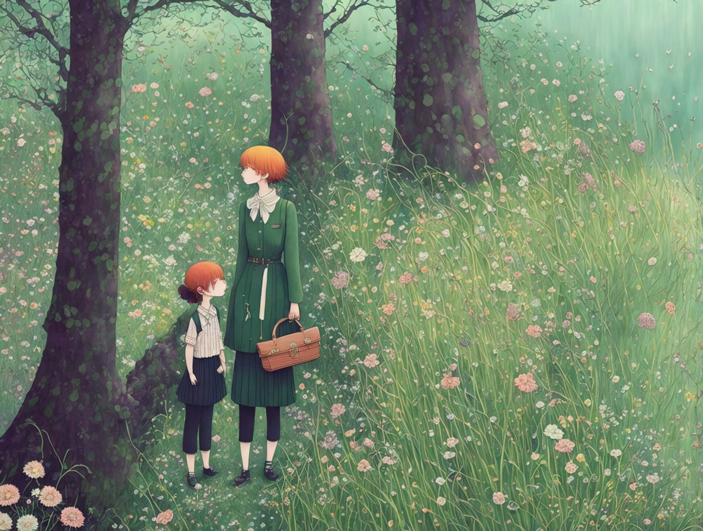 Red-haired mother and child in lush green forest with blooming flowers.