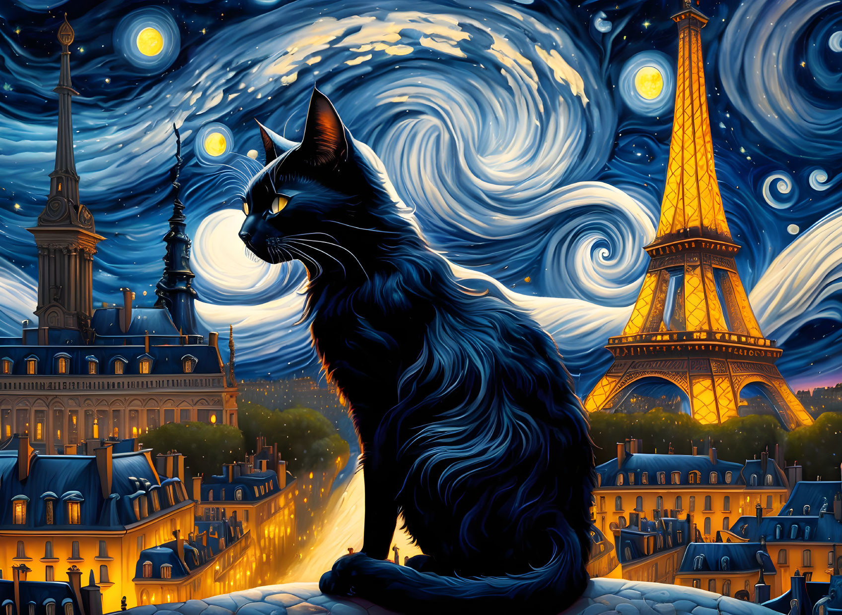 Stylized black cat under Van Gogh-inspired starry Paris night sky