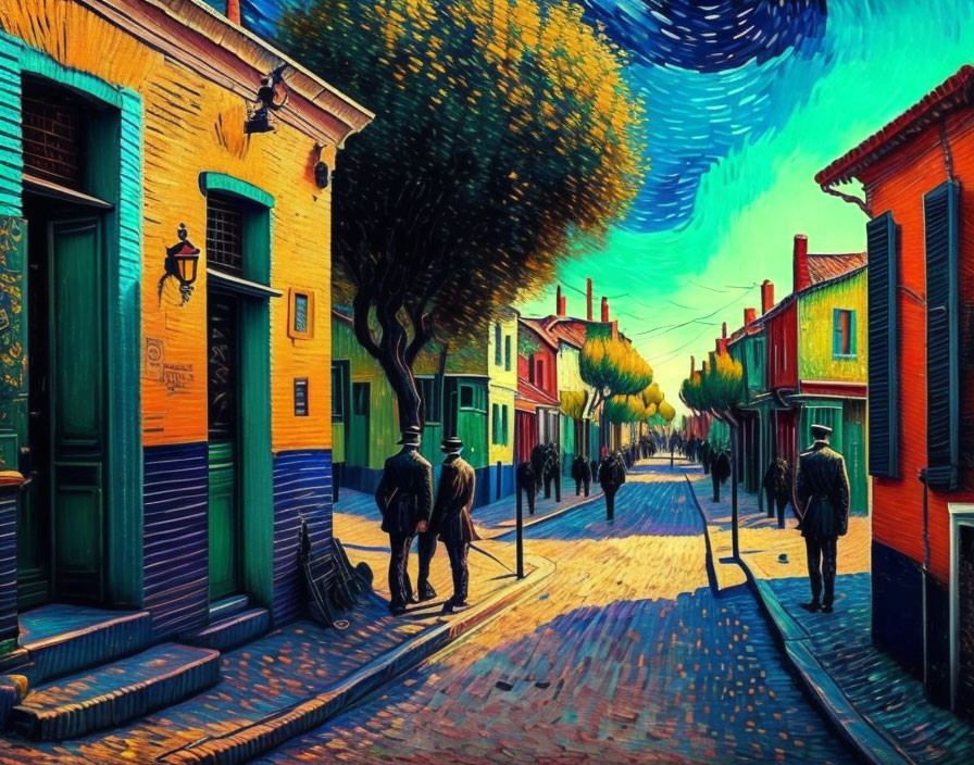 Colorful Impressionist Street Scene Painting with People and Trees