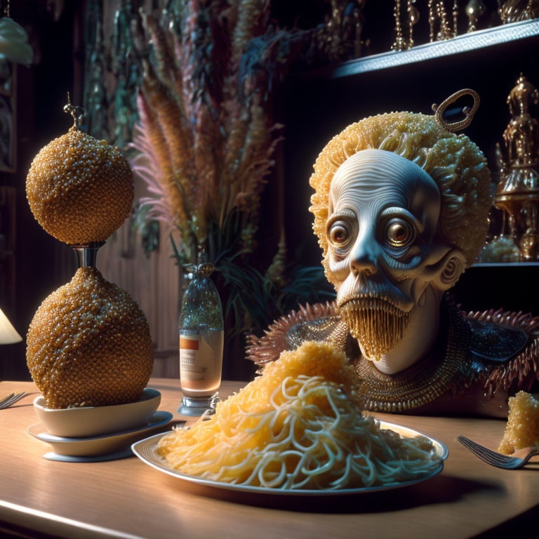 Eccentric figure with bulging eyes and elaborate hairdo at table with spaghetti dish