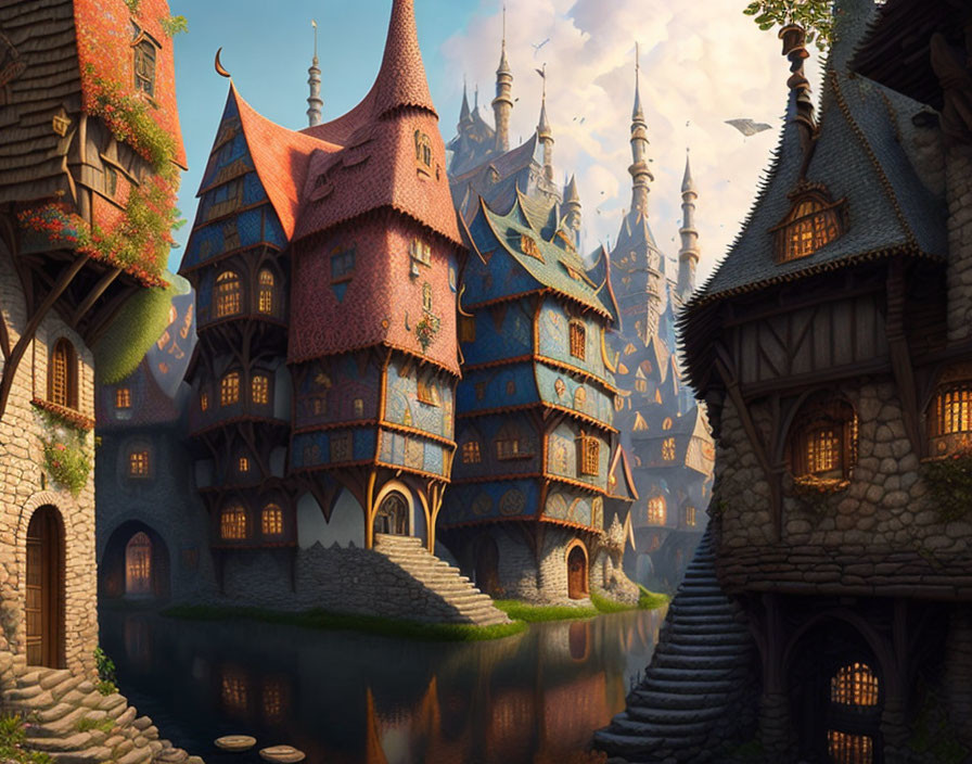 Whimsical Fantasy Village with Towers and Waterway