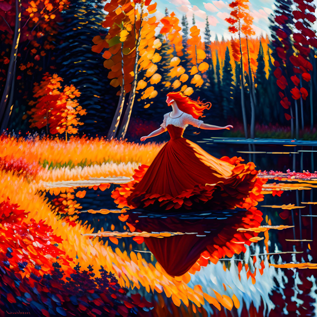 Woman dancing in red dress by autumn lake with vibrant foliage