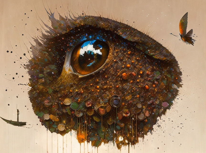 Surreal painting: Detailed eye in cosmic scape with colors, coins, and butterfly