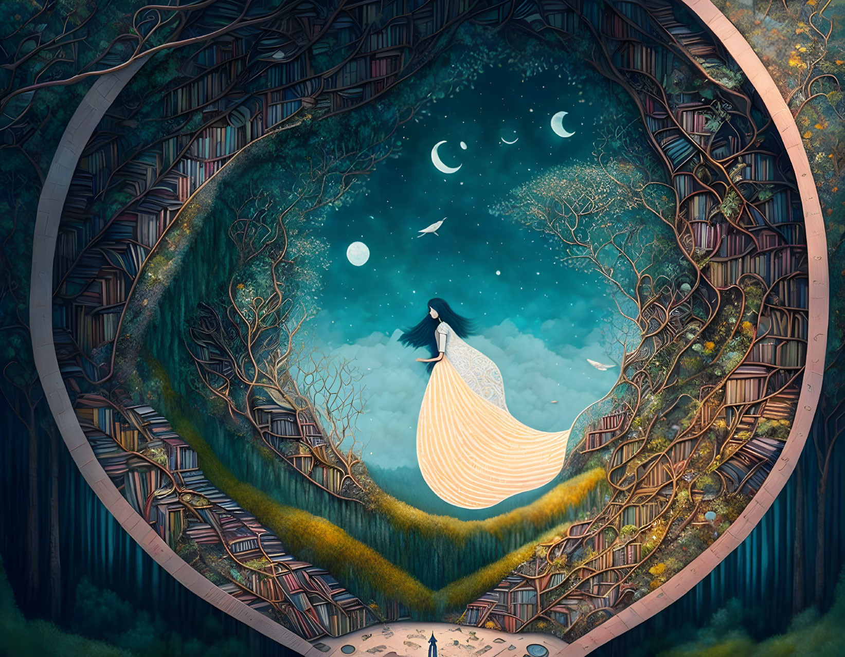 Illustration of woman in flowing dress ascending into starry sky above enchanted library