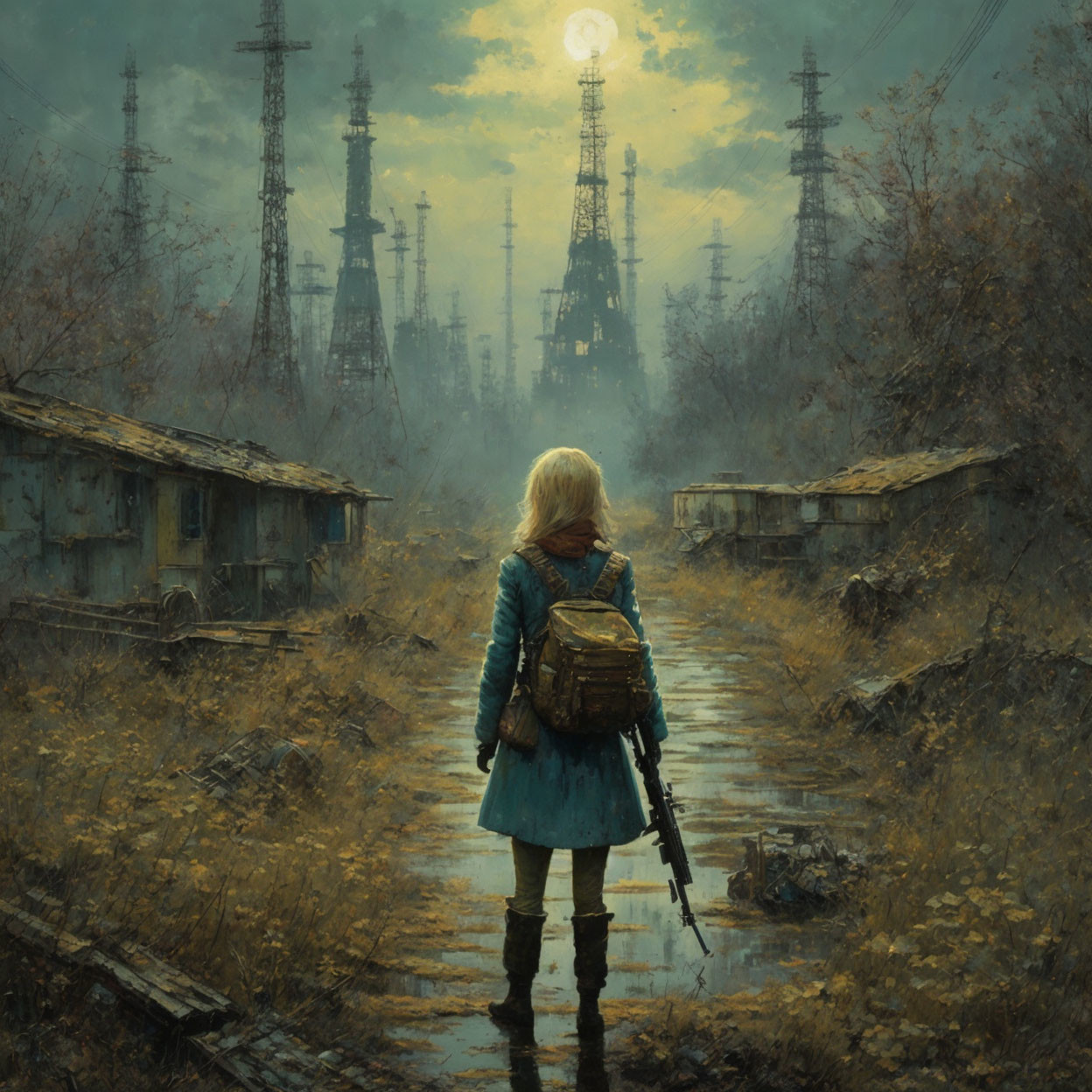 Young girl with backpack and rifle in desolate industrial landscape