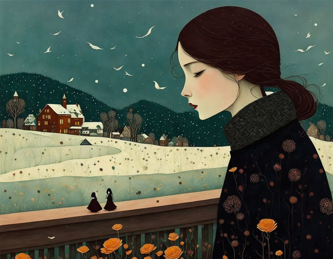 Illustration of woman on bridge railing in snowy landscape with orange flowers