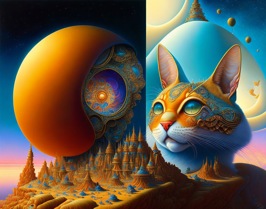 Vibrantly colored cat with intricate patterns in surreal alien landscape