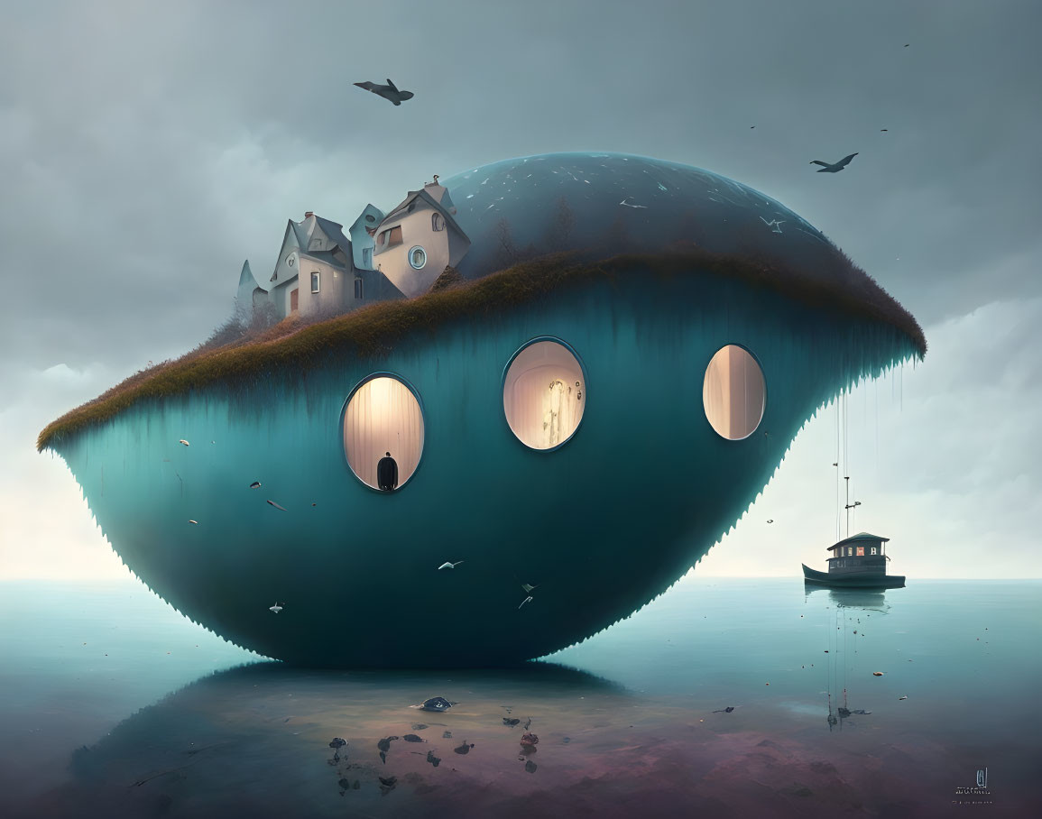 Surreal landscape with giant whale-like creature, grassy surface, houses, and boat.