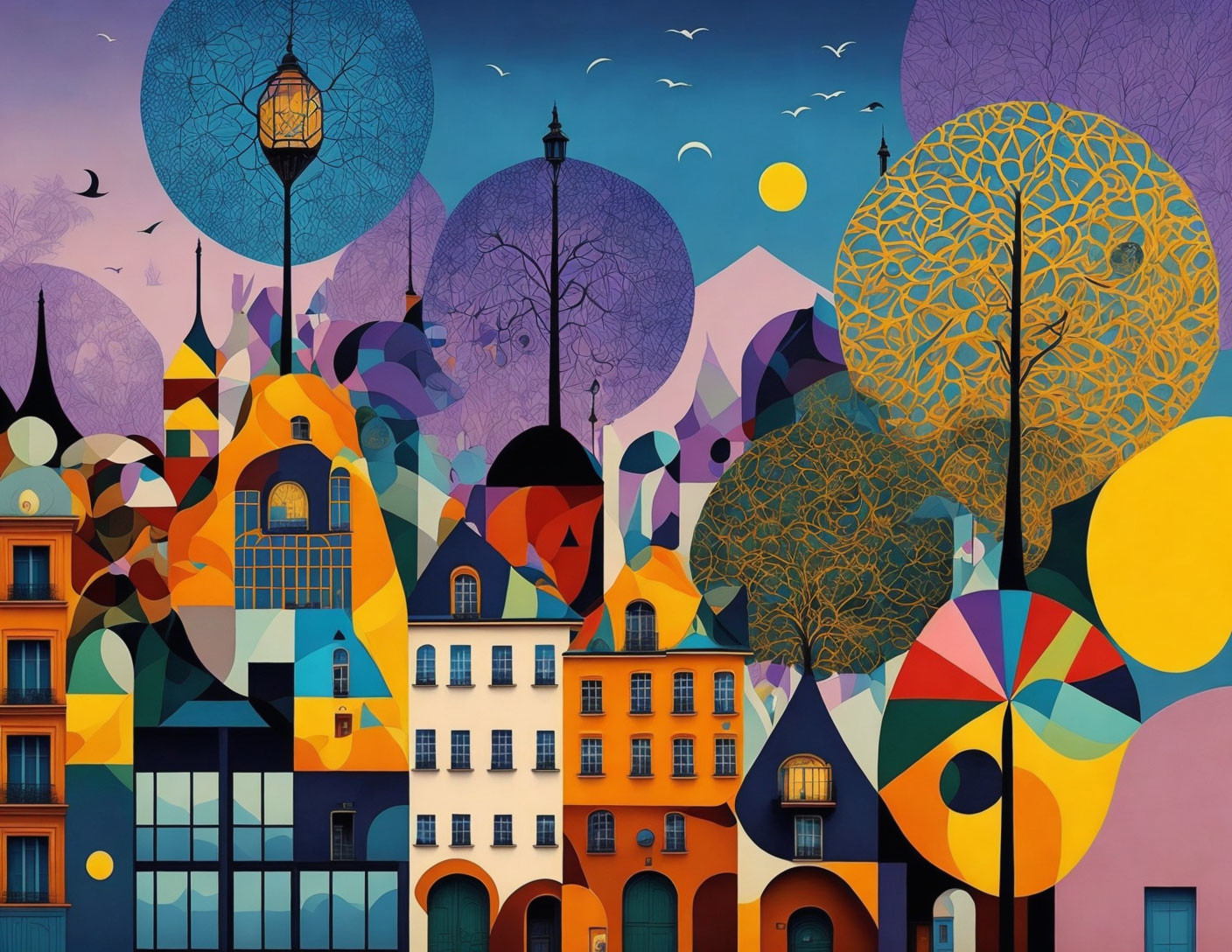 Colorful Stylized Artwork: Whimsical Buildings, Geometric Patterns, Trees, Street