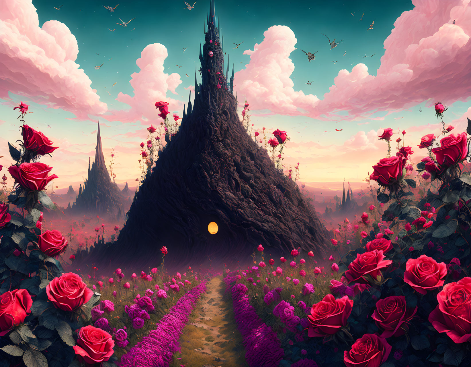 Fantastical landscape with central spire, roses, lavender fields, flying creatures, and dreamy