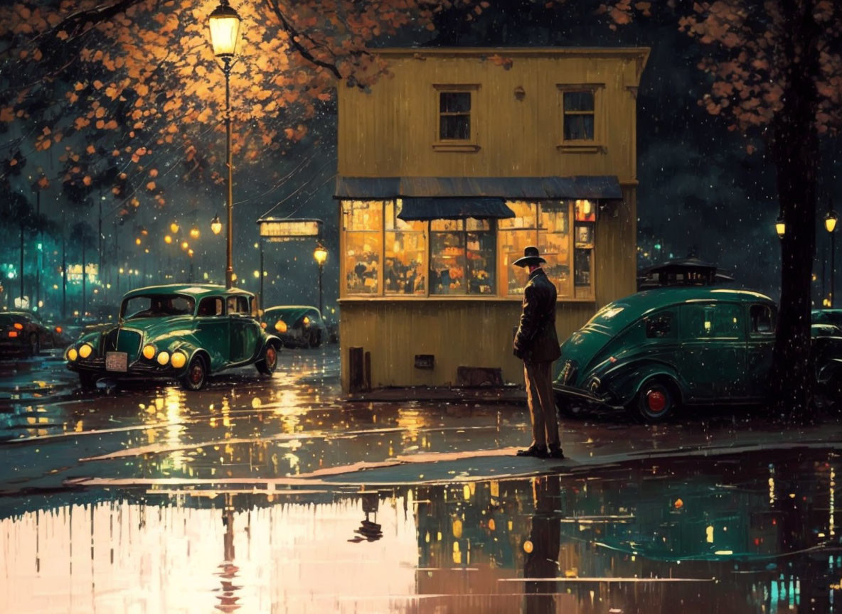 Man in hat on wet street at night near yellow building with vintage cars and falling snow