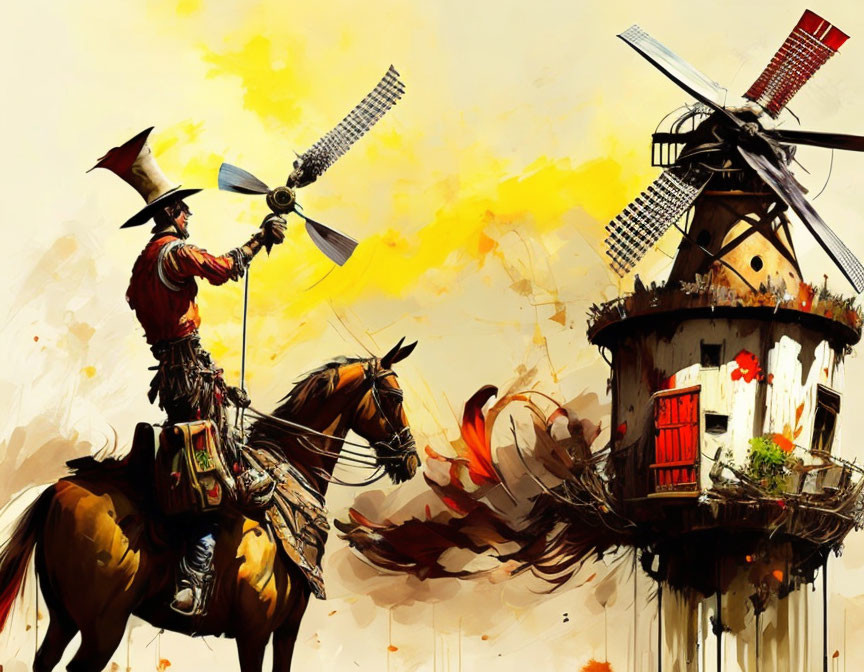 Stylized illustration of Don Quixote on horseback tilting at a windmill