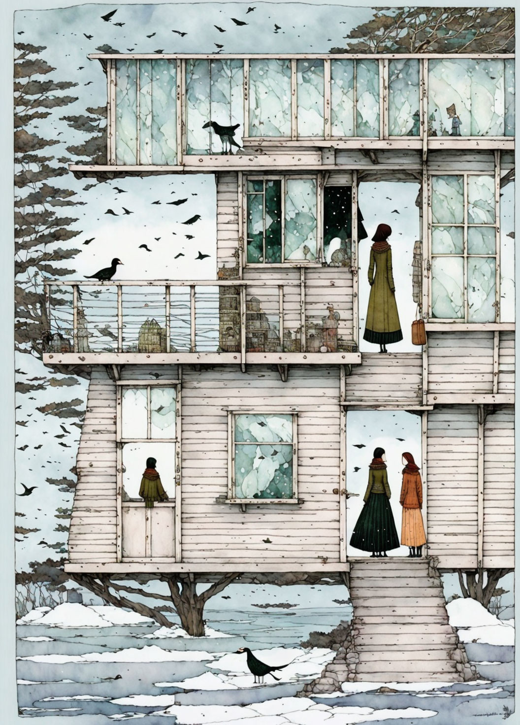 Detailed winter scene of multi-story wooden house with people on balconies, snow-covered ground, and birds